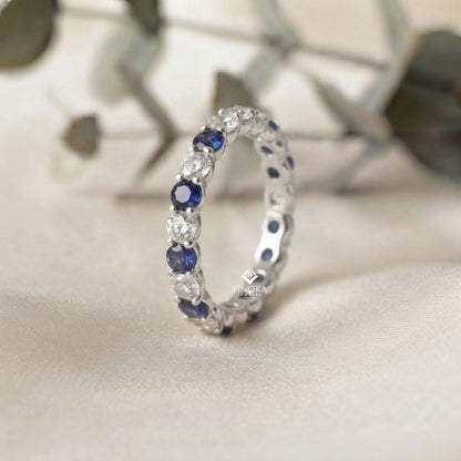 Blue & Colorless Round Cut Moissanite Full Eternity Wedding Band, Stackable Ring – Finora Jewelry