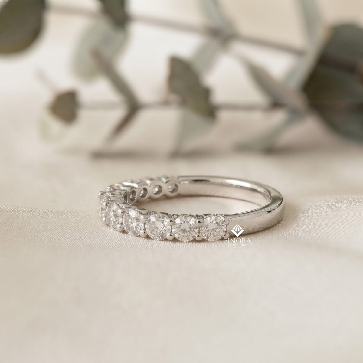 classic round cut moissanite half eternity wedding band, stackable minimal ring – finora jewelry