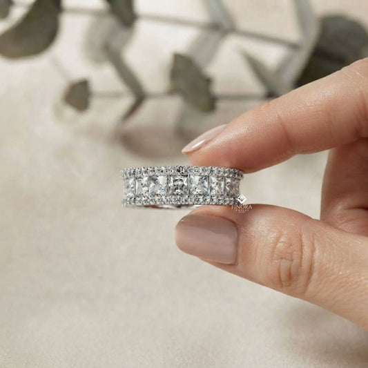 Princess-Cut Diamond Triple Row Wedding Band – Bold Eternity Ring for Couples in Silver, Gold & Platinum – Finora Radiant Glamour Statement