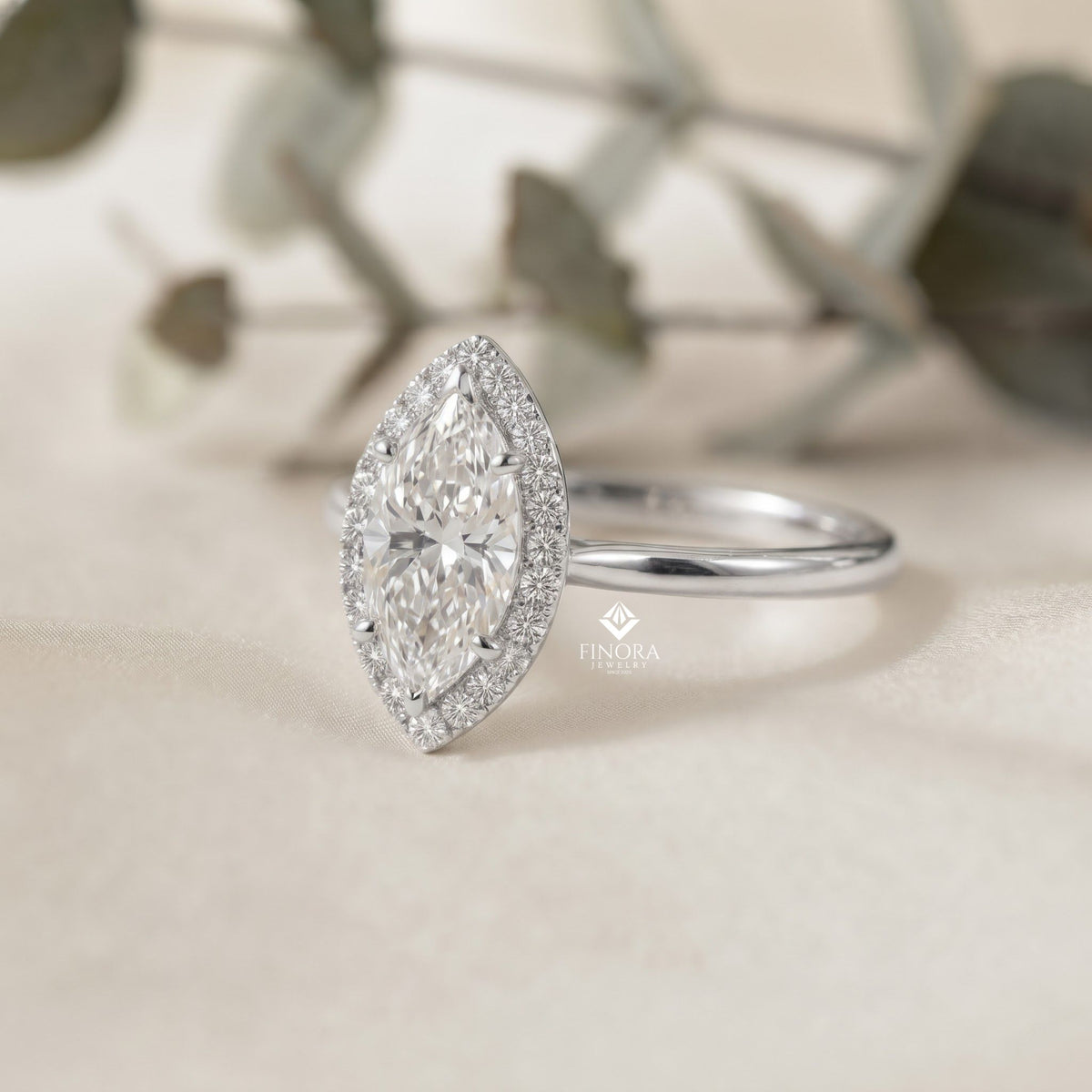 marquise cut moissanite halo engagement ring – 925 silver / 10k / 14k / platinum / white / yellow / rose gold – finora jewelry