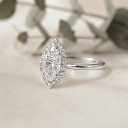 Marquise Cut Moissanite Halo Engagement Ring – 925 Silver / 10K / 14K / Platinum / White / Yellow / Rose Gold – Finora Jewelry