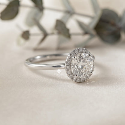 Round Halo Moissanite Engagement Ring with Pavé Accent Diamonds – Timeless Round Cut Sparkle | Finora Jewelry