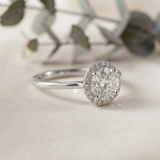 Round Halo Moissanite Engagement Ring with Pavé Accent Diamonds – Timeless Round Cut Sparkle | Finora Jewelry