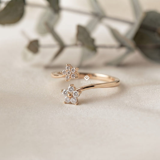 Floral Bypass Ring – Adjustable Gold Ring for Her