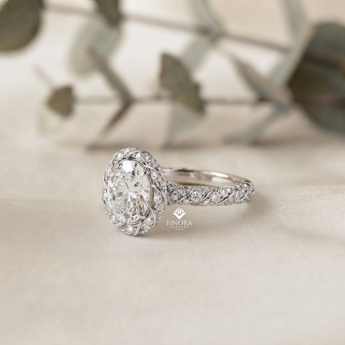 floral halo diamond engagement ring – intricate swirl pavé design in white gold or platinum – nature-inspired elegance – vintage glamour statement ring