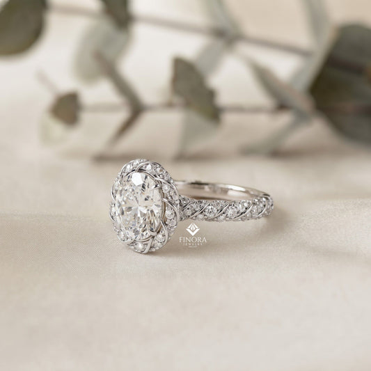 Floral Halo Diamond Engagement Ring – Intricate Swirl Pavé Design in White Gold or Platinum – Nature-Inspired Elegance – Vintage Glamour Statement Ring