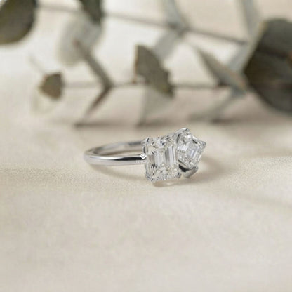Two-Stone Emerald Square & Radiant Cut Diamond Open Ring in 925 Silver, 10K/14K Gold, or Platinum – Finora Jewelry