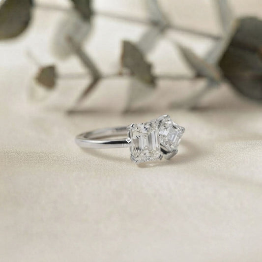 Two-Stone Emerald Square & Radiant Cut Diamond Open Ring in 925 Silver, 10K/14K Gold, or Platinum – Finora Jewelry