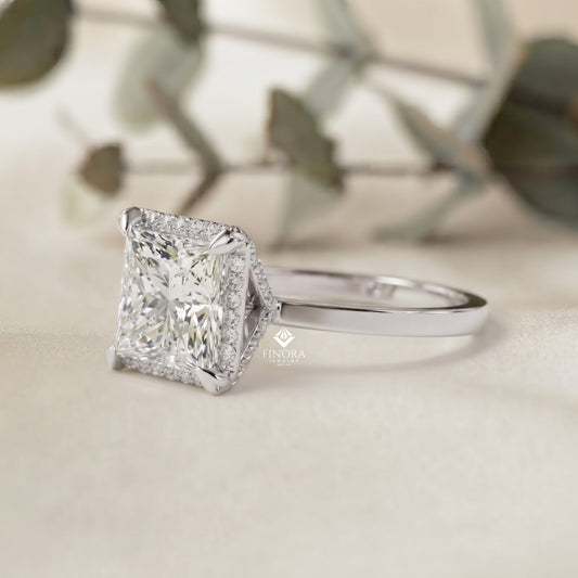 Princess Cut Moissanite Halo Engagement Ring – Elegant Square Solitaire for Proposal, Birthday or Anniversary Gift – 925 Silver / 10K / 14K Gold / Platinum – White / Yellow / Rose Gold – Finora Jewelry