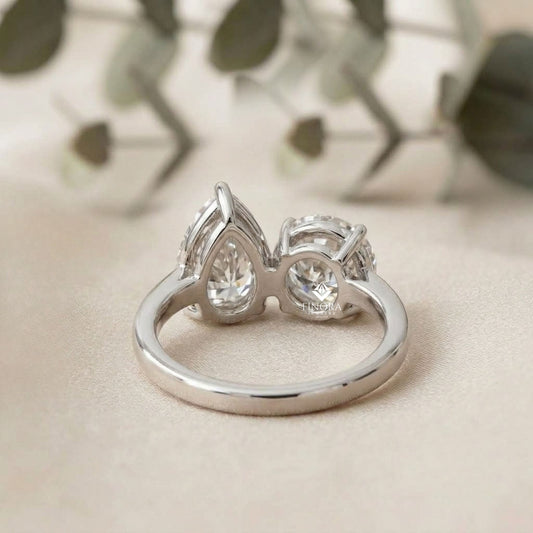 Two-Stone Pear & Round Cut Diamond Engagement Ring – Dual Brilliance in 925 Silver, 10K / 14K Gold, or Platinum – Finora Romantic Symbol of Love’s Harmony – Elegant Gift for Her