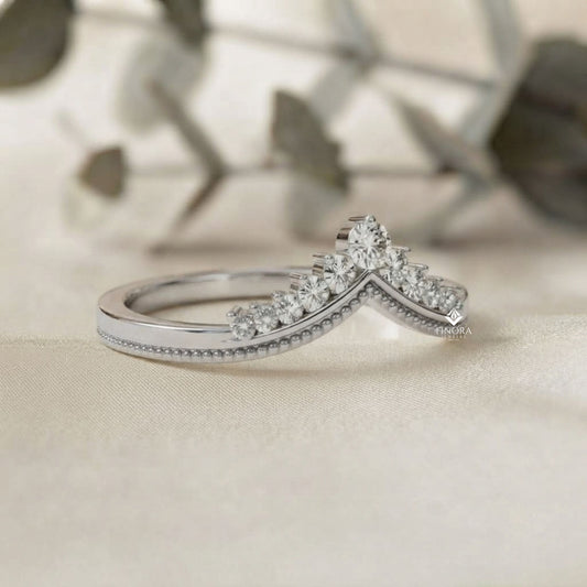 Chevron Crown Diamond Wedding Band – Milgrain V-Shape Tiara Design in 925 Silver, 10K/14K Rose, White & Yellow Gold, or Platinum – Finora Vintage Sparkle for Her