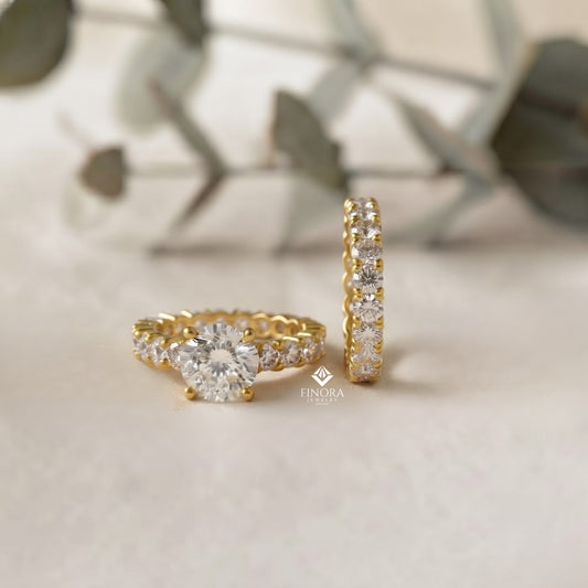 Round Cut Lab Grown Diamond Solitaire Eternity Ring – Pave Band, Dainty Gold Fine Jewelry
