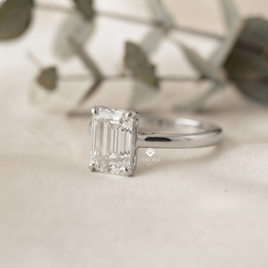 Emerald Cut Moissanite Solitaire Engagement Ring – Modern Classic for Her – 925 Silver / 10K & 14K Gold / Rose, Yellow, White Gold / Platinum | Finora Jewelry