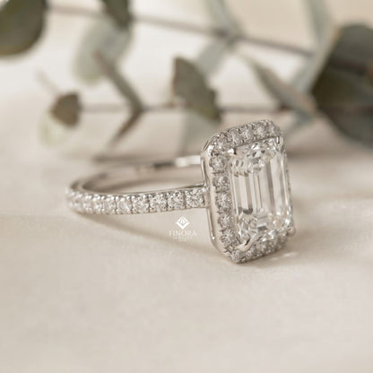 Emerald Cut Halo Ring with Diamond Accents by Finora Jewelry