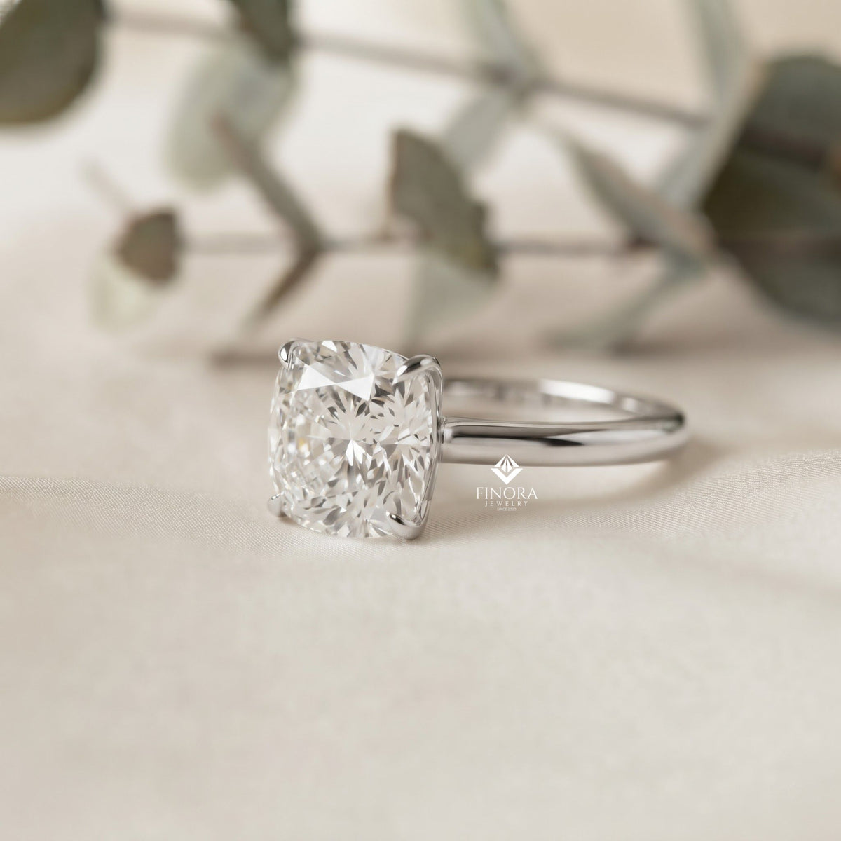 cushion cut moissanite solitaire engagement ring – elegant 4-prong setting in white gold, yellow gold, rose gold, or platinum | finora jewelry