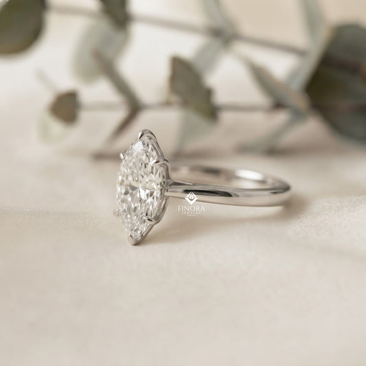 Marquise Cut Moissanite Solitaire Engagement Ring – Sleek Design in 925 Silver, 10K & 14K White, Yellow, Rose Gold, or Platinum | Finora Jewelry