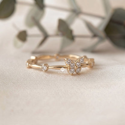 Butterfly Stacking Ring – Dainty Diamond Accent Band – Whimsical Gold Nature Jewelry