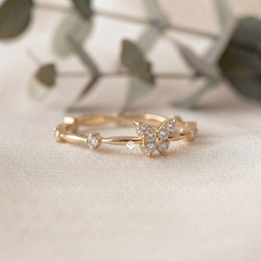 Butterfly Stacking Ring – Dainty Diamond Accent Band – Whimsical Gold Nature Jewelry