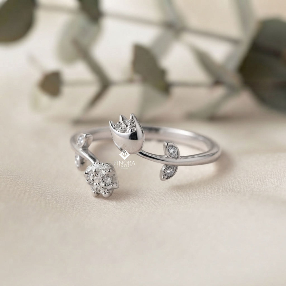 dual tulip bypass ring – adjustable floral diamond ring –  minimalist gold botanical jewelry