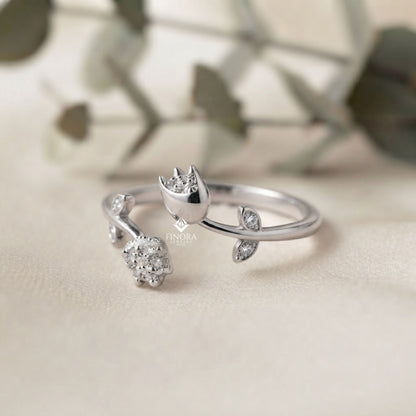 Dual Tulip Bypass Ring – Adjustable Floral Diamond Ring –  Minimalist Gold Botanical Jewelry