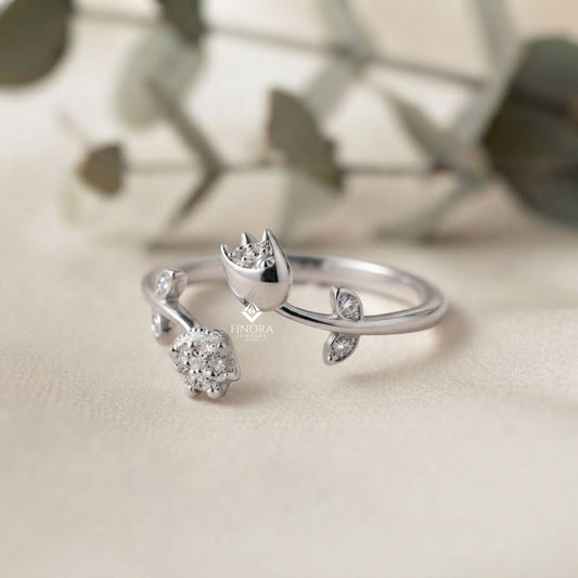 Dual Tulip Bypass Ring – Adjustable Floral Diamond Ring –  Minimalist Gold Botanical Jewelry