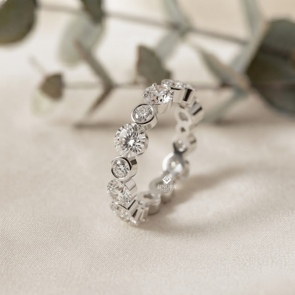 alternating bezel-set diamond eternity band ring in 925 silver, 10k/14k gold (rose/white/yellow), & platinum – finora jewelry