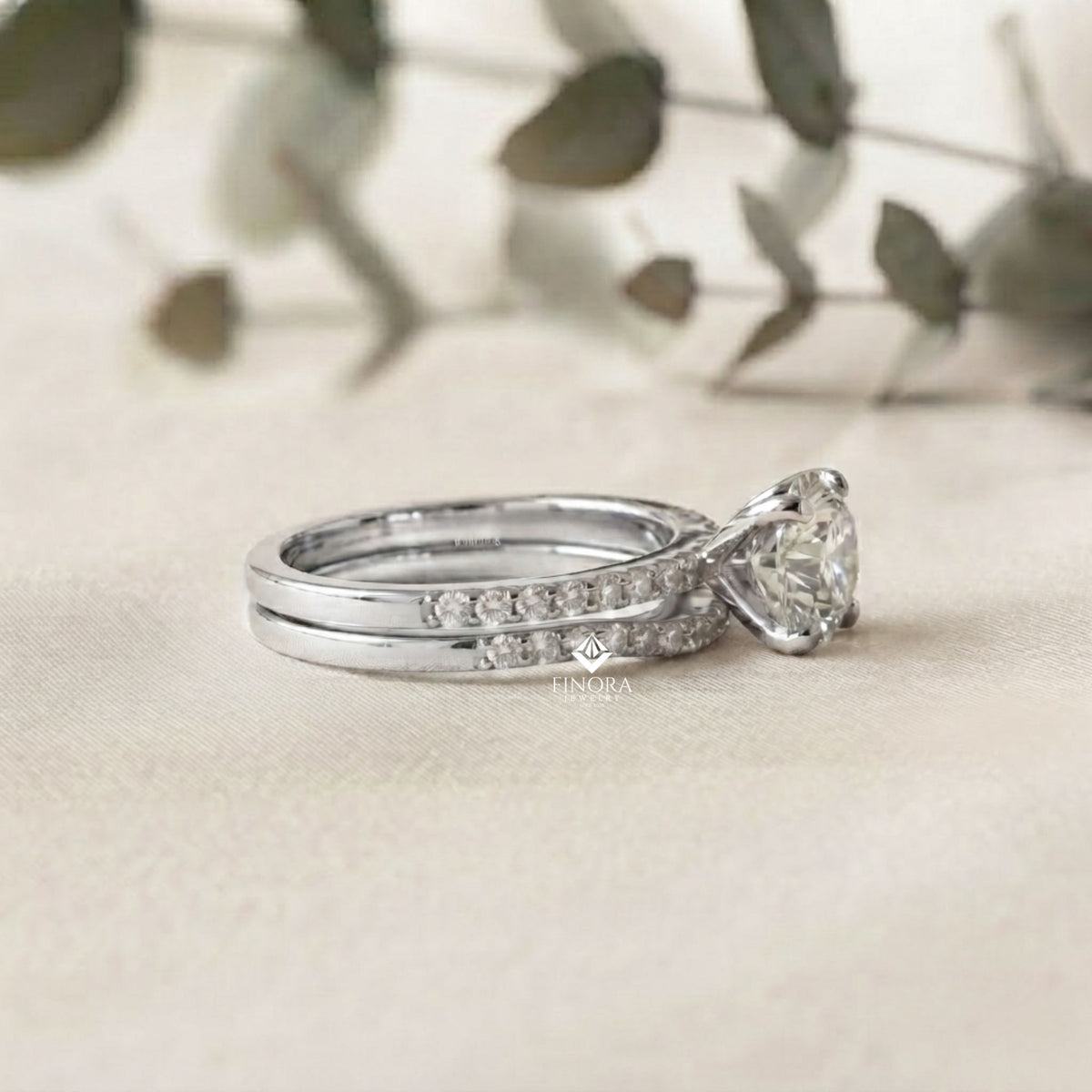 round cut diamond solitaire engagement ring with matching band – finora jewelry