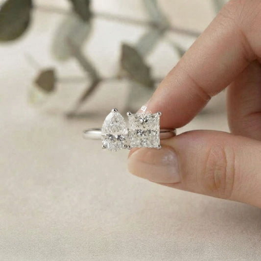 Two-Stone Pear & Princess Cut Diamond Ring – Dual Brilliance in 925 Silver, 10K / 14K Gold, or Platinum – Finora Symbolic Design of Love & Harmony – Meaningful Gift for Her