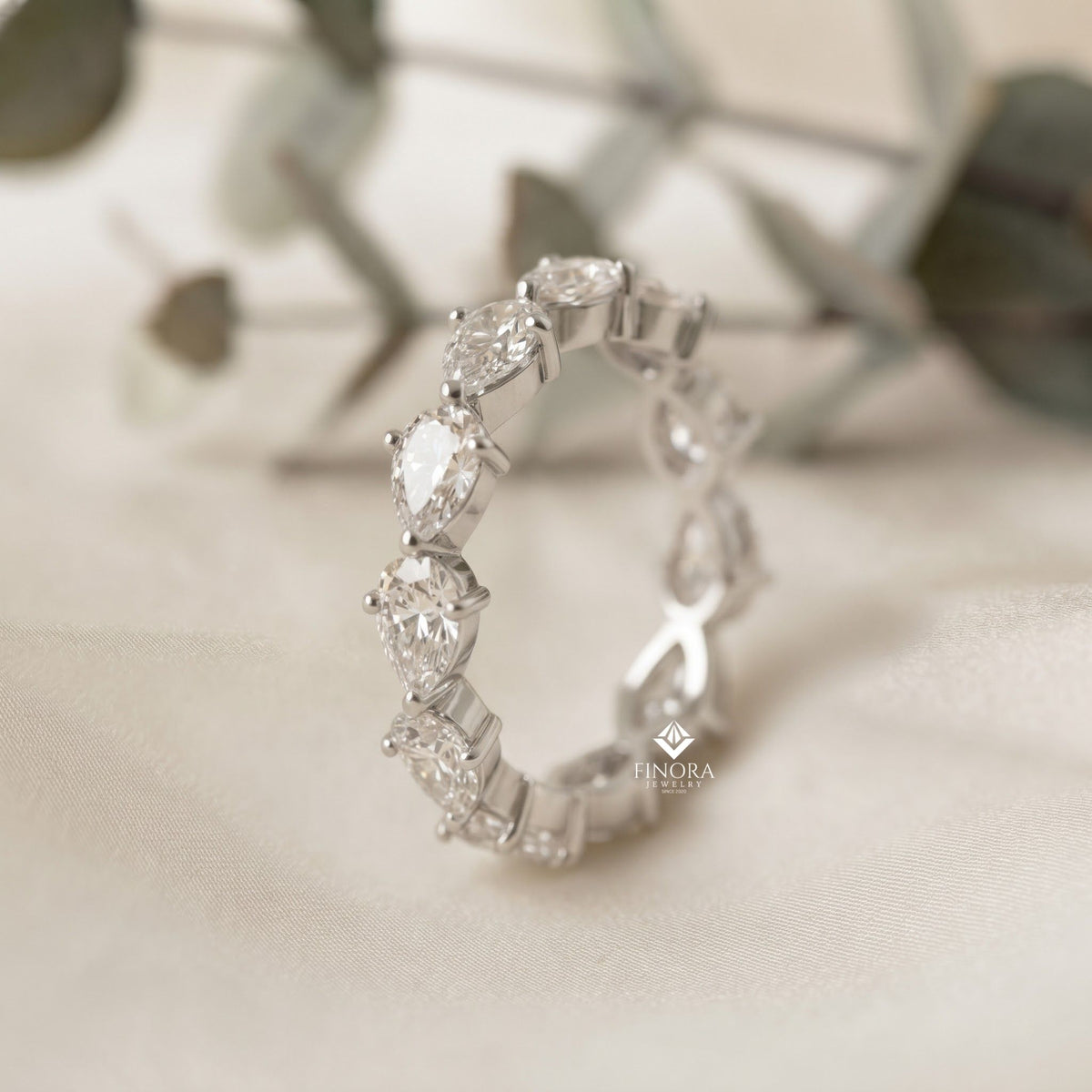 pear cut moissanite half eternity wedding band, stackable ring – finora jewelry