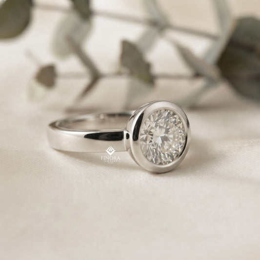 Minimalist Round Moissanite Bezel Set Ring – Modern Solitaire for Promise, Engagement or Birthday Gift – 925 Silver / 10K / 14K Gold / Platinum – White / Yellow / Rose Gold – Finora Jewelry