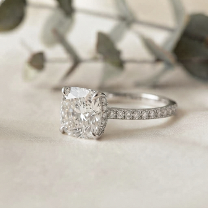 Cushion Cut Moissanite Engagement Ring – Pavé Band – Anniversary Ring for Her – 925 Silver / 10K & 14K Gold / Platinum | Finora Jewelry