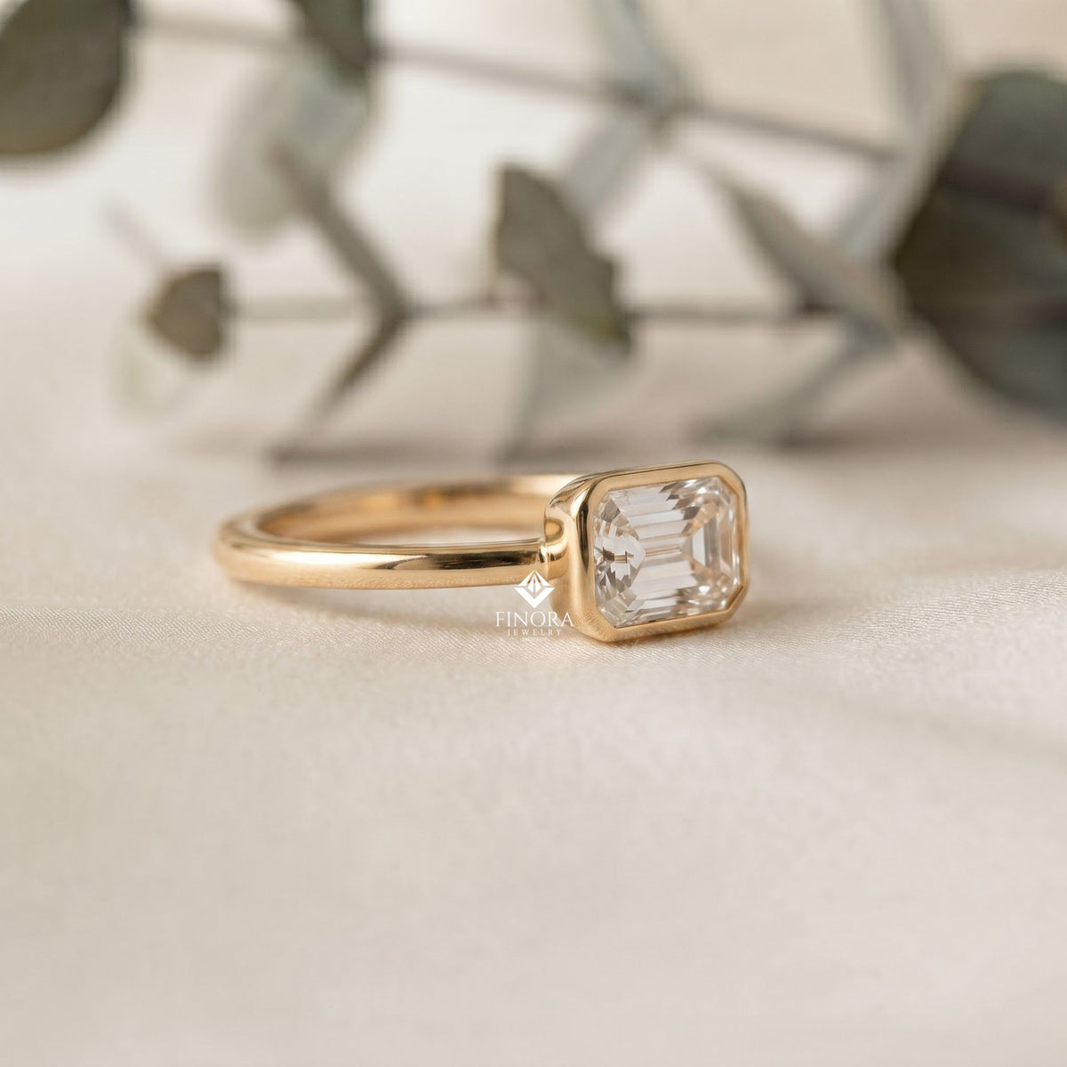 emerald cut bezel ring – minimalist gold engagement ring  – modern horizontal baguette ring
