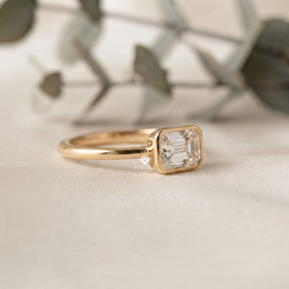 Emerald Cut Bezel Ring – Minimalist Gold Engagement Ring  – Modern Horizontal Baguette Ring