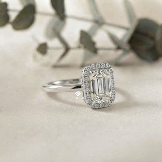 Emerald Cut Moissanite Halo Engagement Ring – Dainty Promise Ring – Anniversary / Birthday / Wedding Gift – 925 Silver / 10K / 14K / Platinum – White / Yellow / Rose Gold – Finora Jewelry