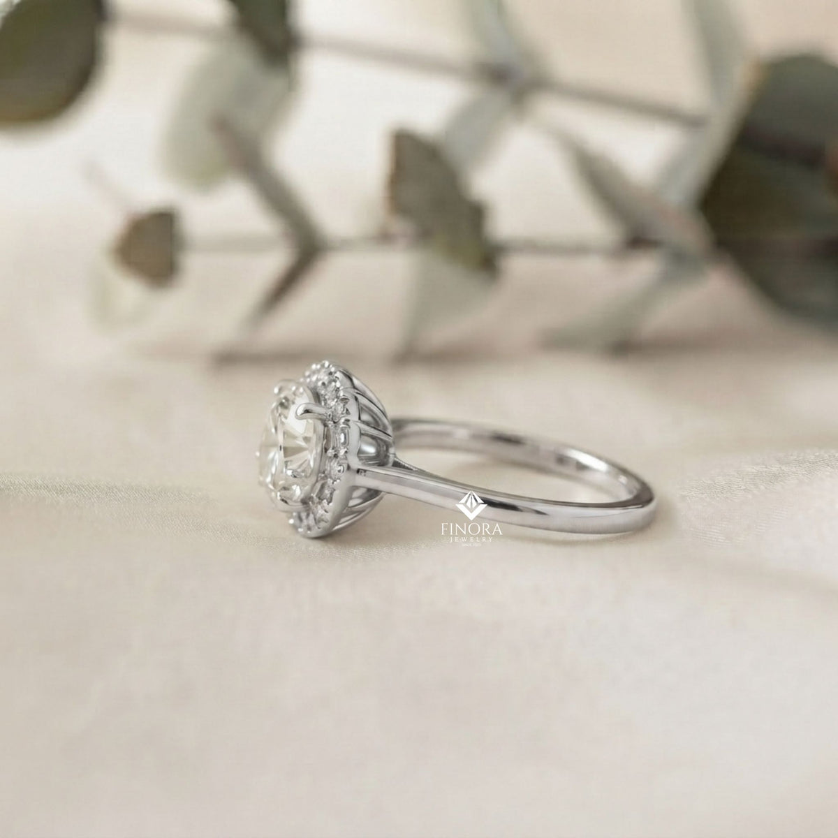 round cut moissanite halo engagement ring with baguette side stones in 925 silver, 10k & 14k gold – finora jewelry