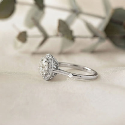 Round Cut Moissanite Halo Engagement Ring with Baguette Side Stones in 925 Silver, 10K & 14K Gold – Finora Jewelry