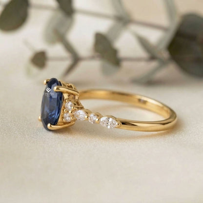 Oval Blue Sapphire and Diamond Cluster Ring – Dainty Gold Engagement Ring