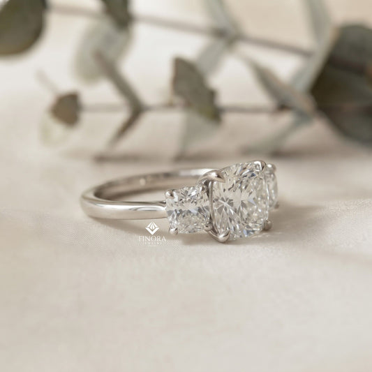 Three-Stone Cushion Cut Diamond Engagement Ring – Trio of Brilliance in White Gold or Platinum – Finora Symbolic Design of Past, Present & Future – Elegant Gift for Her