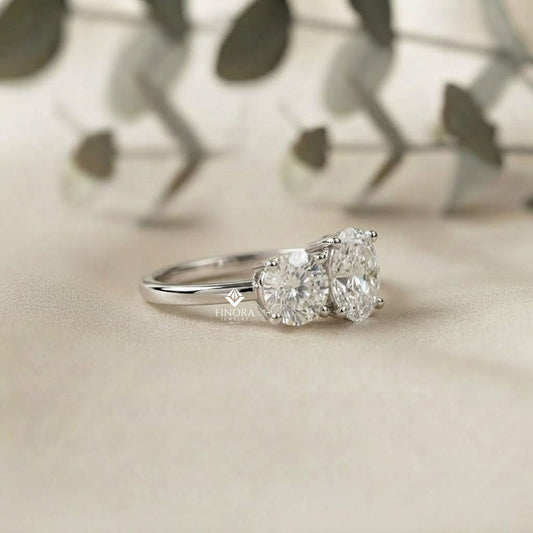 Two-Stone Oval & Round Cut Diamond Engagement Ring – Harmonious Duo in 925 Silver, 10K / 14K Gold, or Platinum – Finora Emblem of Balanced Love & Timeless Sparkle – Elegant Gift for Her