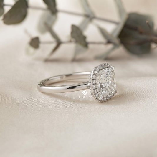 Cushion Cut Halo Moissanite Engagement Ring with Pavé Diamonds – Elegant Cushion Halo in White, Yellow, or Rose Gold | Finora Jewelry