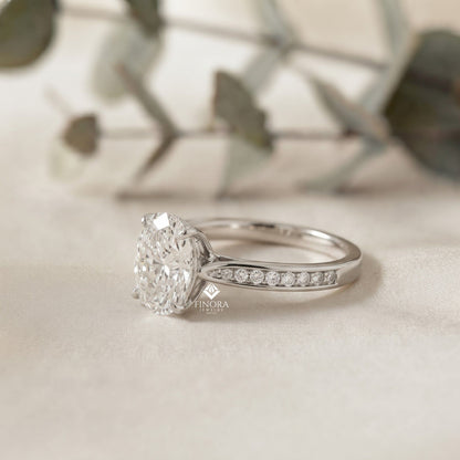 Elegant Oval Cut Engagement Ring with Diamond-Accented Band – Timeless Gift for Her – Classic Solitaire Setting in White Gold, Platinum or Silver – Finora Signature Sparkle