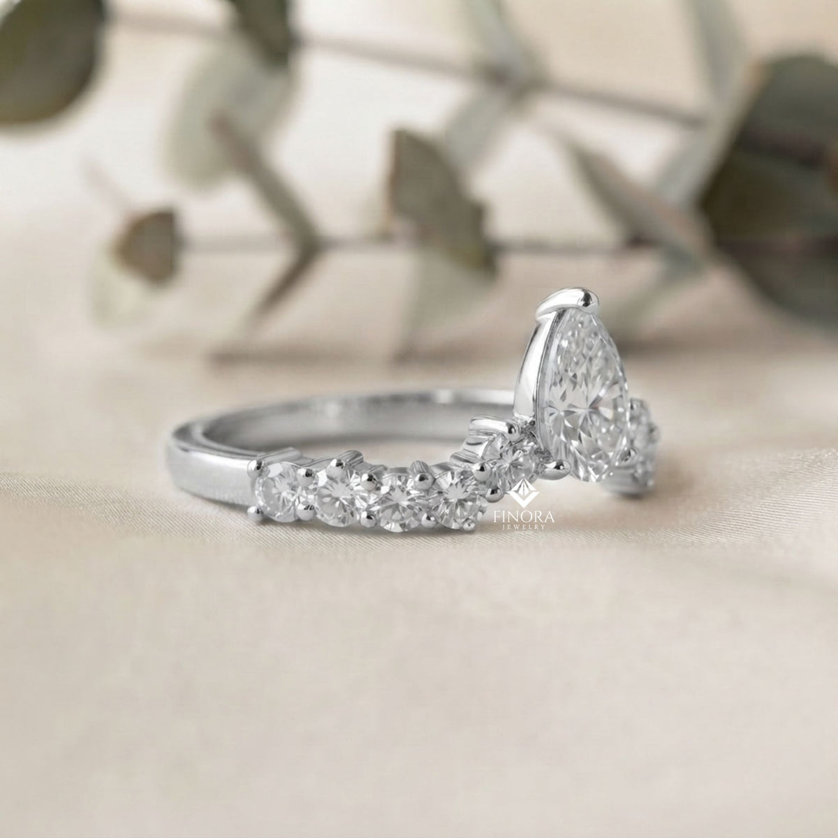 pear cut diamond engagement ring with accent band – finora jewelry