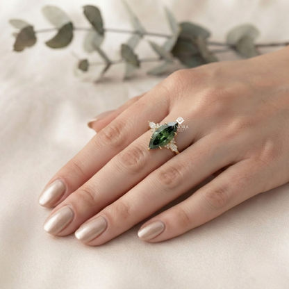 Green Marquise Cut Engagement Ring – Gold Cluster Design, Everyday Elegance