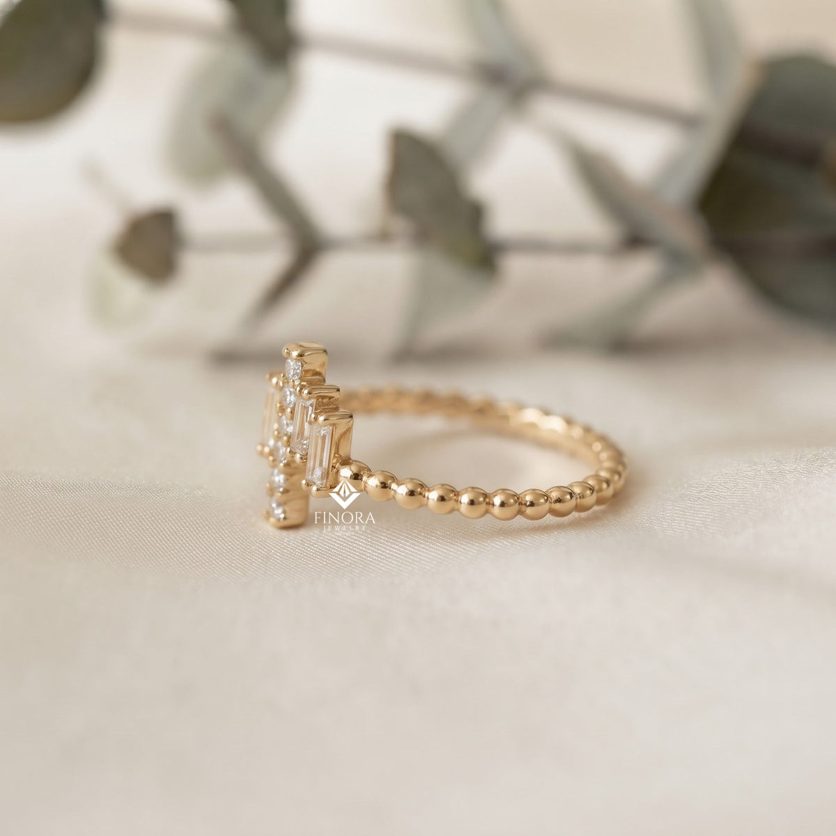 baguette cluster stacking ring – minimalist diamond bar ring –  dainty gold bead band