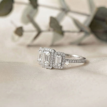 Emerald Cut Moissanite Three-Stone Engagement Ring with Halo | 2.11 CT | 925 Silver, 10K & 14K Gold