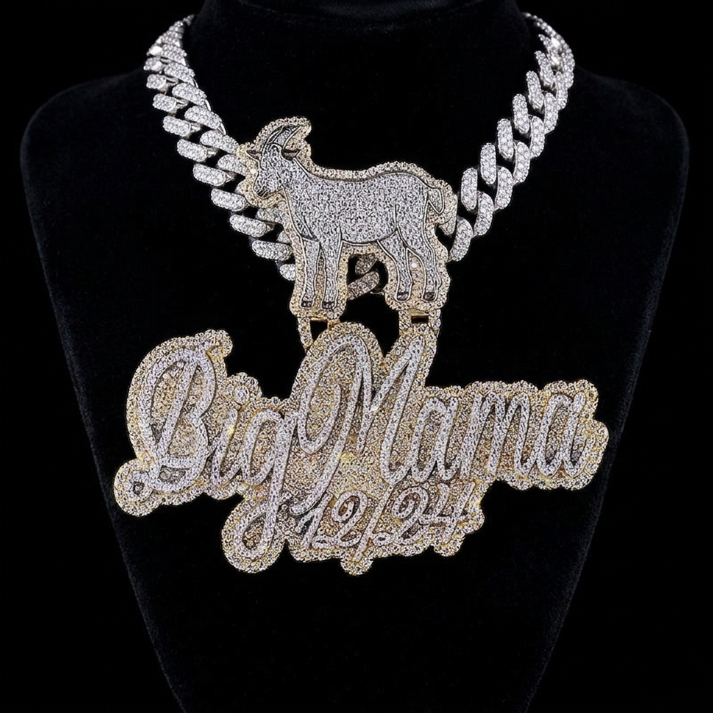 custom name 3d iced-out pendant with goat figure, date detail & two-tone gold finish