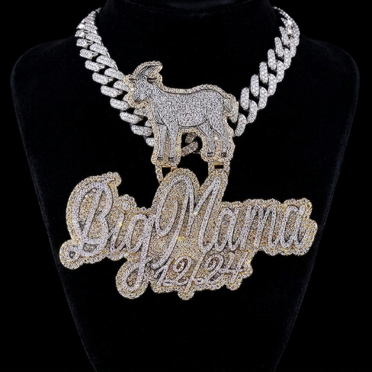 Custom Name 3D Iced-Out Pendant with Goat Figure, Date Detail & Two-Tone Gold Finish