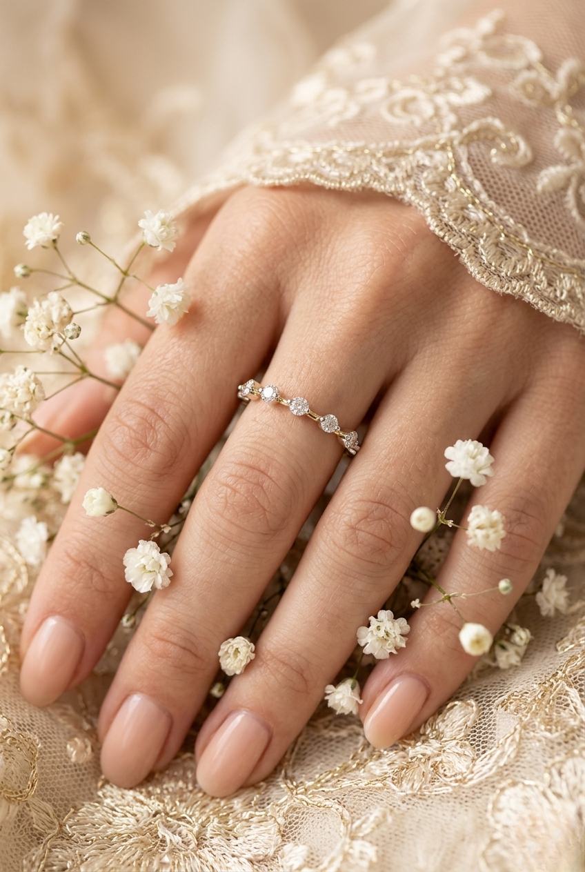 finora jewelry – baguette & round diamond stacking ring in 925 silver, 10k/14k gold (rose/white/yellow), & platinum