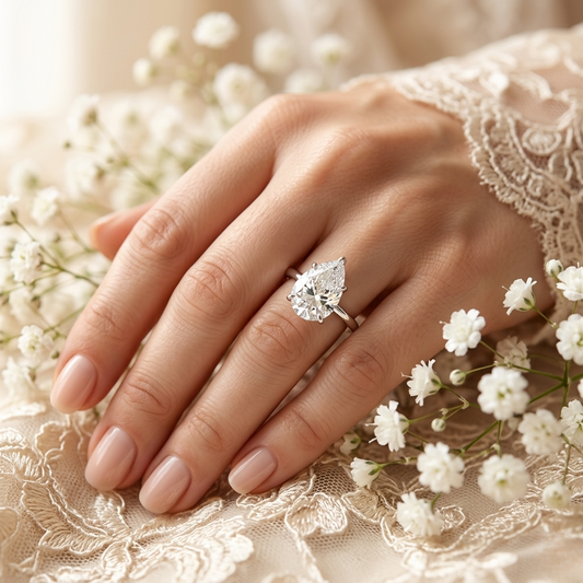 Pear Shaped Moissanite Solitaire Engagement Ring – Elegant Teardrop Design in 925 Silver, 10K & 14K Gold, or Platinum | Finora Jewelry