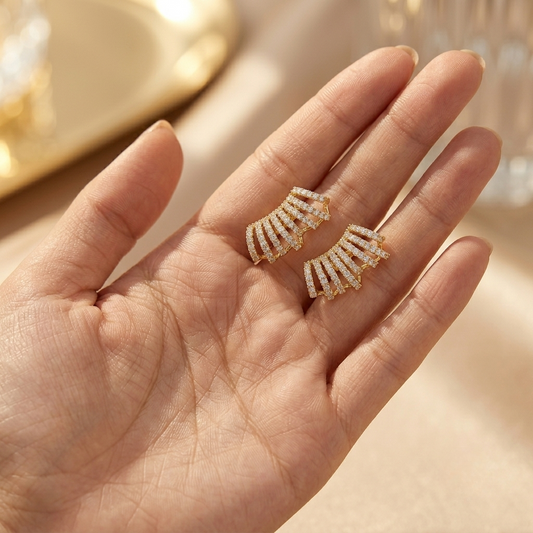 Yellow Gold Multi Row Ear Cuff Stud Earrings